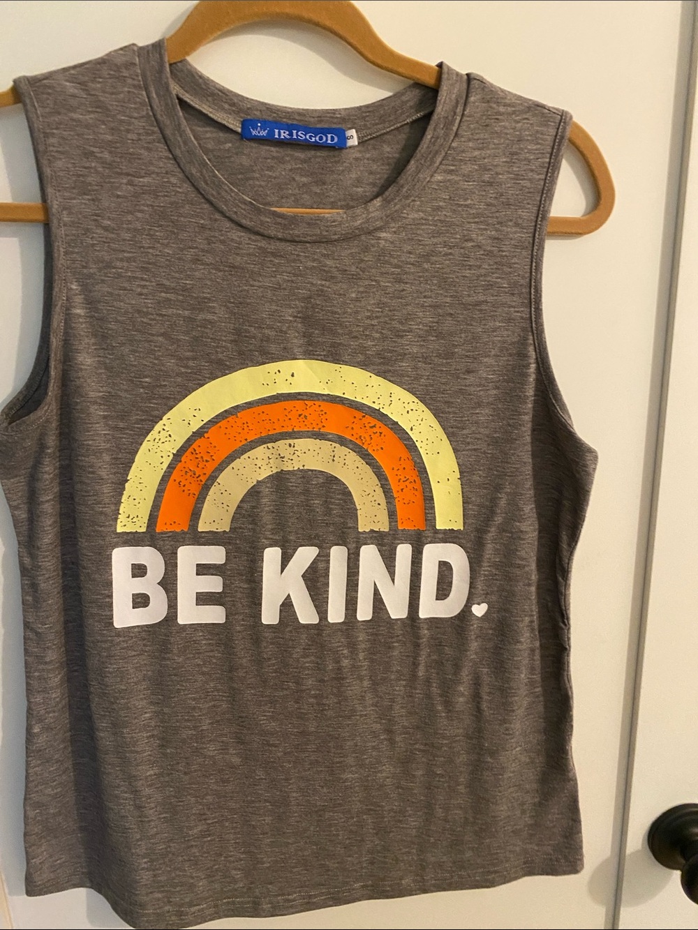 Gray Tank Top with Yellow & Orange Rainbow 'BE KIND'